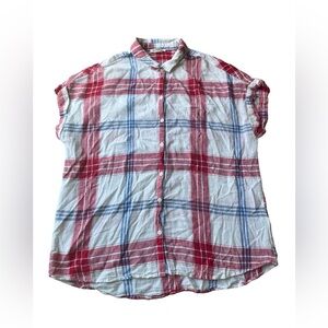 beachlunchlounge Linen Spencer Plaid Top Womens XL Oversized Preppy USA American